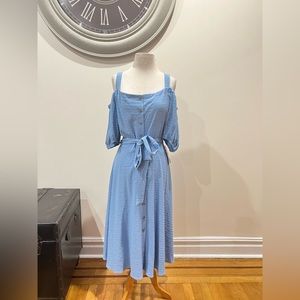 Off shoulder button down blue swing dress